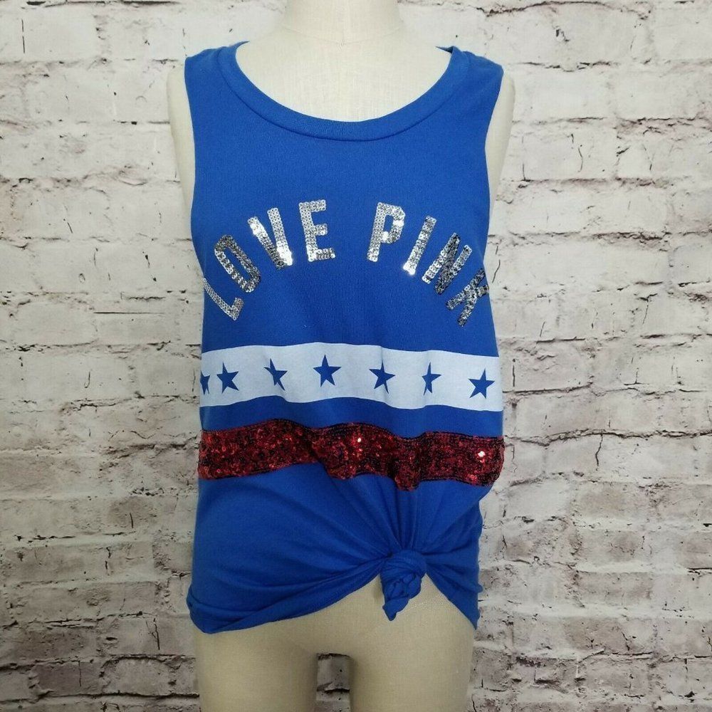 PINK Victorias Secret S Bling Sequins Patriotic‎ Muscle Tank Top Red White Blue